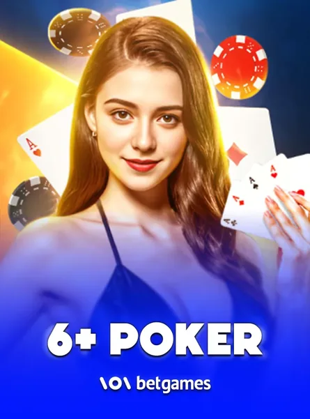 ปกเกม 6+ Poker ดีลเลอร์หญิงกับไพ่บนพื้นน้ำเงิน ในหน้ารวมเกมของ VF338
