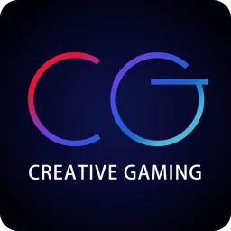 โลโก้ Creative Gaming อักษร CG สีฟ้าแดงบนพื้นน้ำเงินเข้ม ที่ VF338 นำมาแสดง